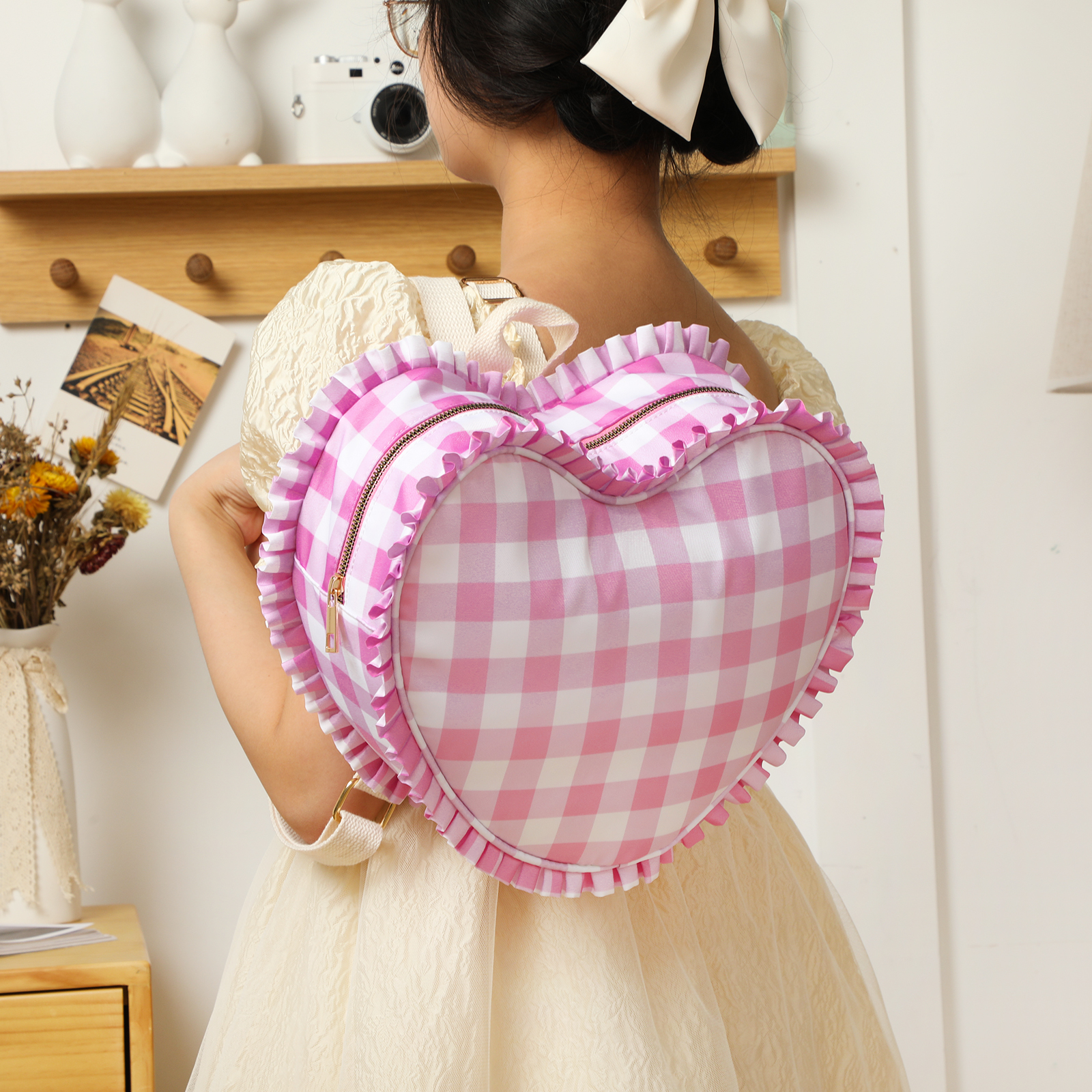 Women Bags White - Ruffle Heart Shape Backpack Fashion Stripe